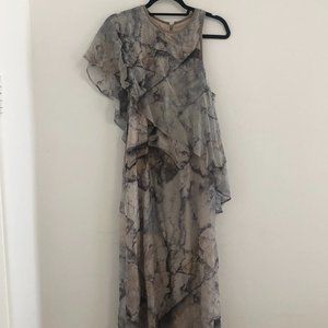 MNG (Mango) grey, black, mauve asymmetric top and hem midi dress, size L